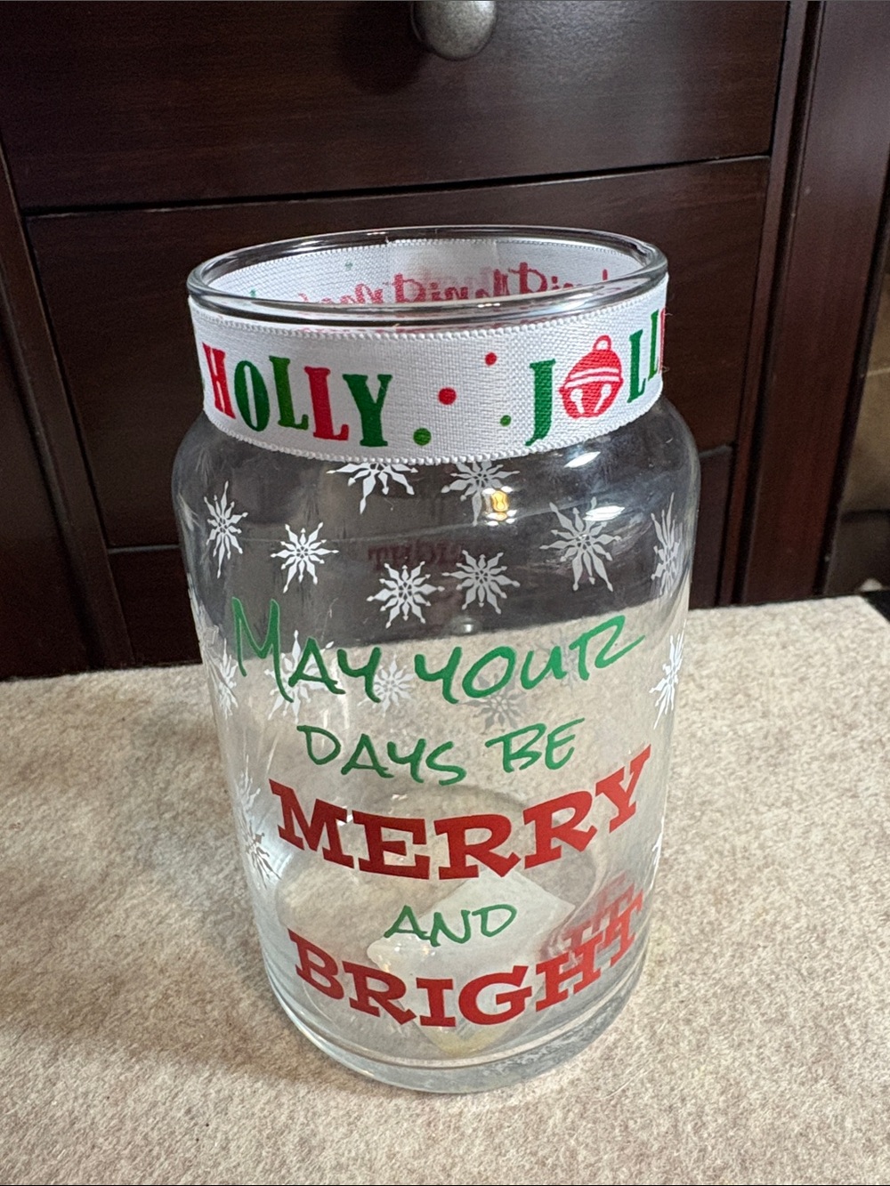 🎄Holiday 'Merry and Bright' Glass Jar with Holly Ribbon